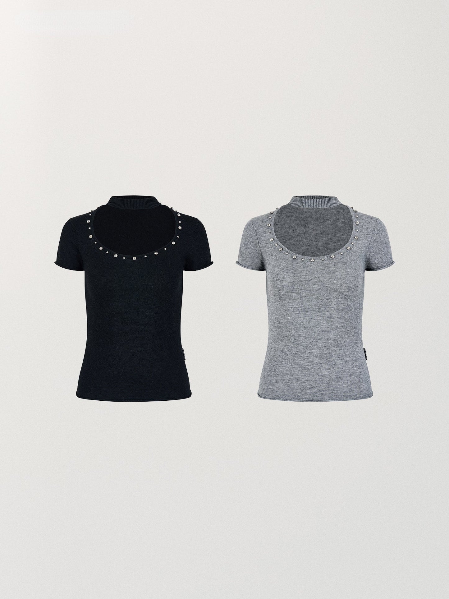 Choker Collar Rhinestone Knit T-Shirt