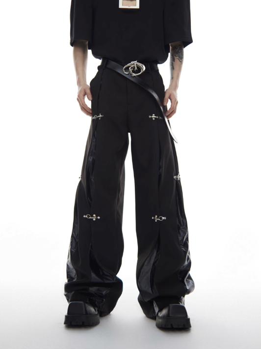 metal aircraft buckle trousers leather splicing design casual straight-leg pants  US2033