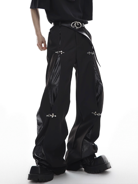 metal aircraft buckle trousers leather splicing design casual straight-leg pants  US2033