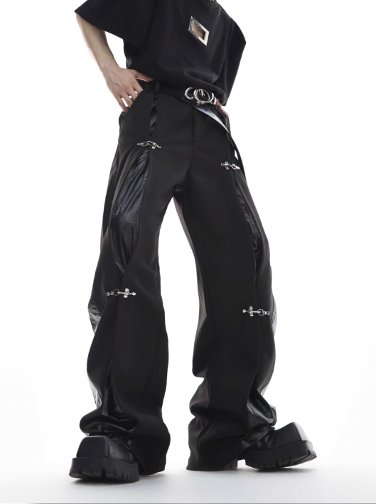 metal aircraft buckle trousers leather splicing design casual straight-leg pants  US2033