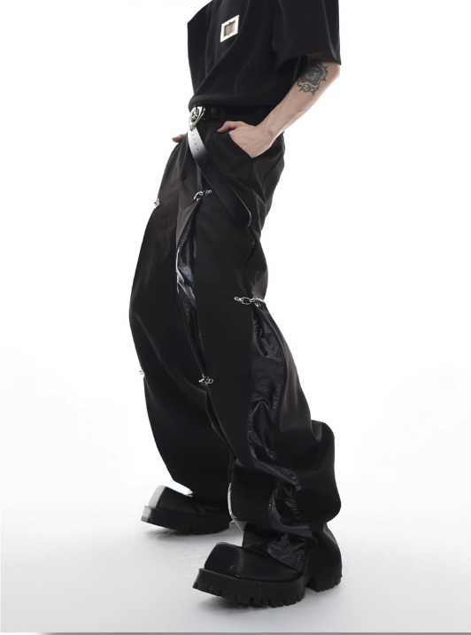 metal aircraft buckle trousers leather splicing design casual straight-leg pants  US2033