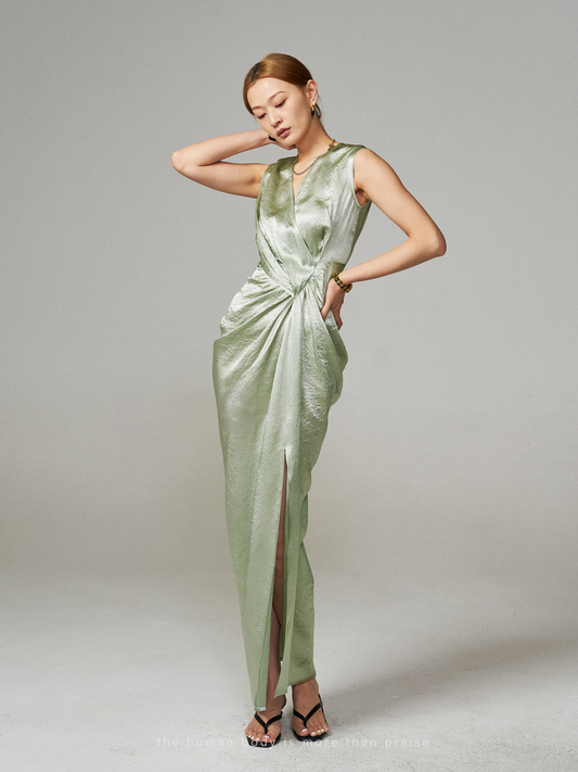 Wrinkled Acetate Satin V-Neck Maxi Dress