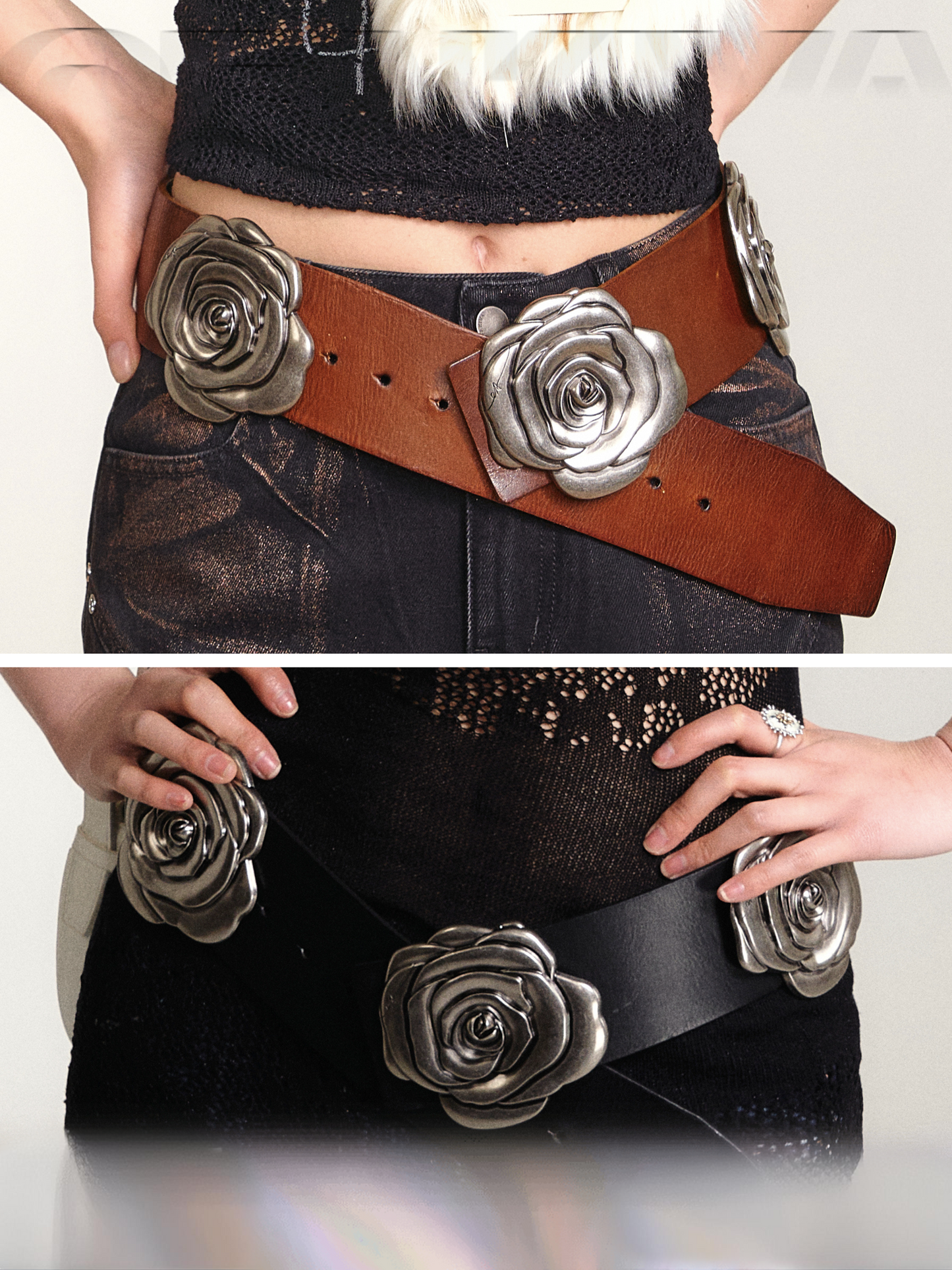 Vintage Distressed Leather Belt with Metal Rose Buckle