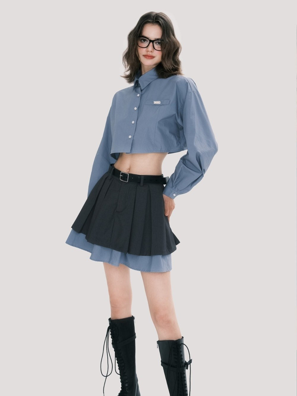 College Mature Cropped Shirt&Skirt