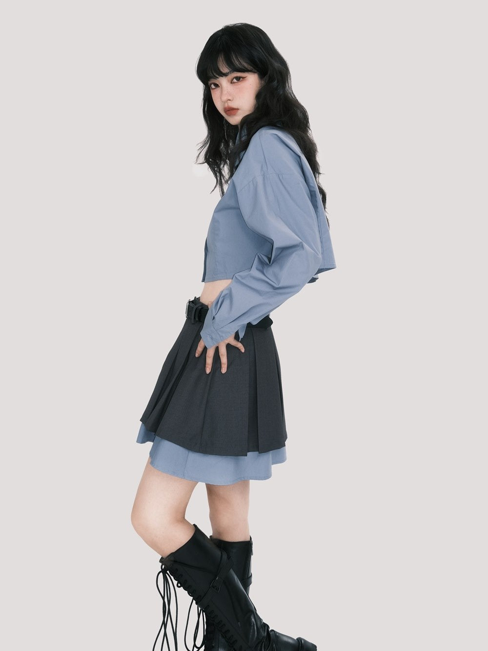 College Mature Cropped Shirt&Skirt