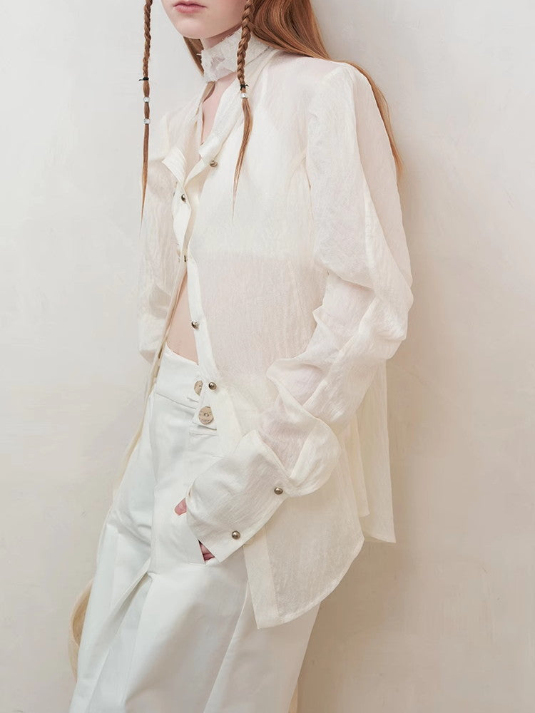 Oversize Wrinkled Sheer Chic Long-Scarf＆Shirt