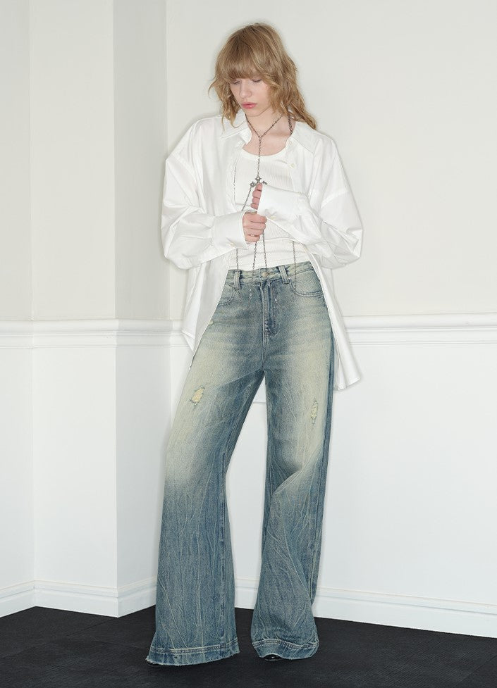 Low-waisted Loose Straight Ripped Blue Jeans RUN0035