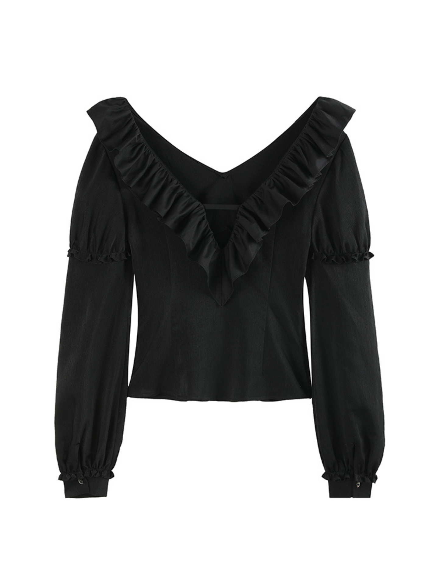 Satin Ruffle V-Neck Lantern Sleeve Blouse