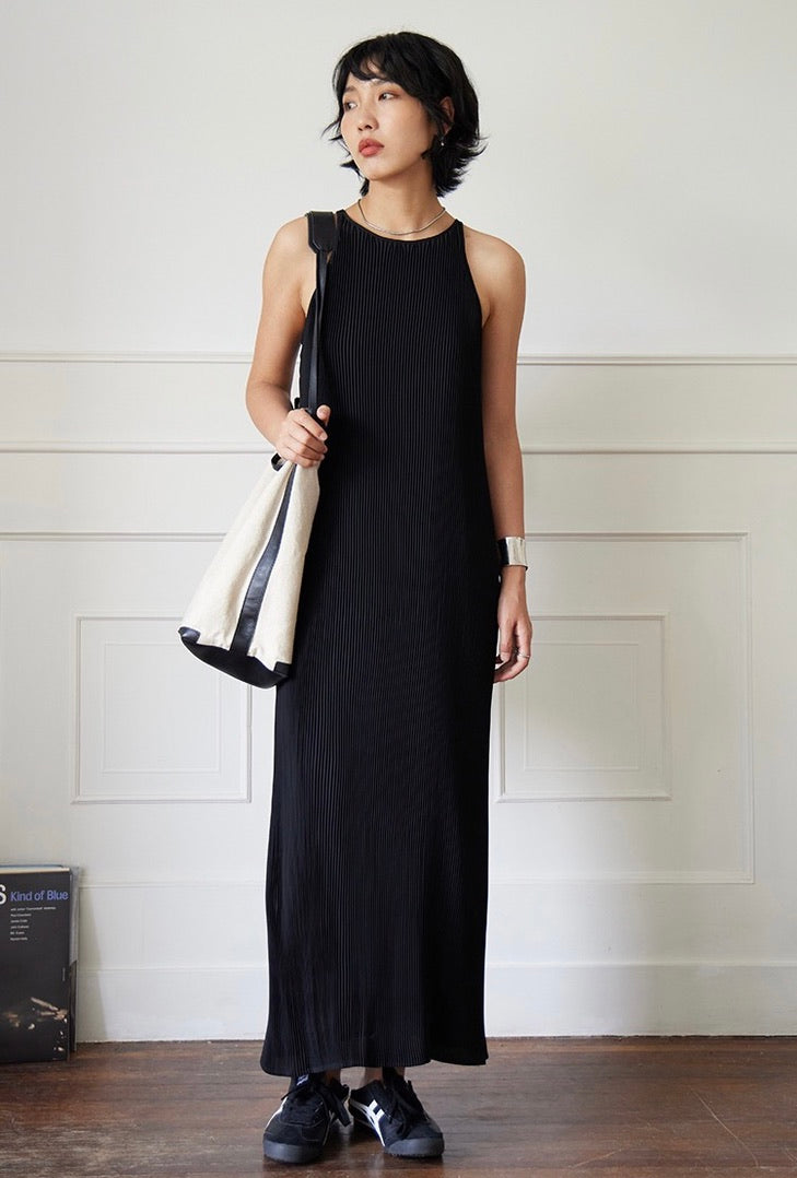 Pleated Maxi Tank Dress in Black