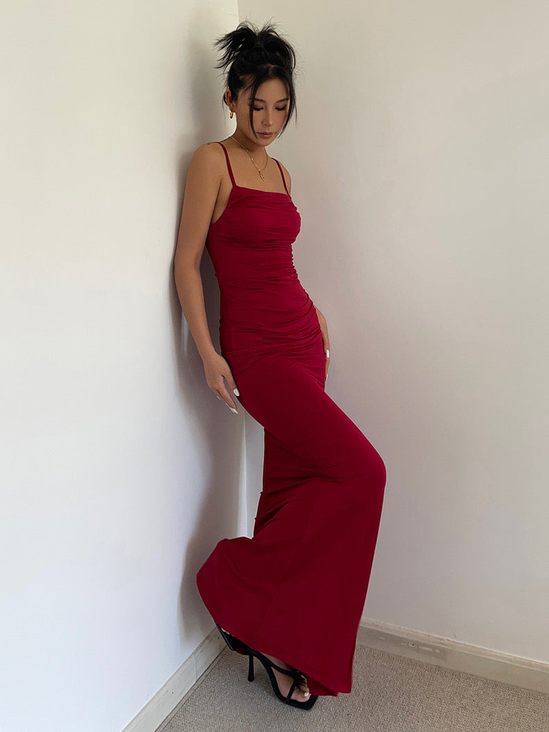 Shirring Cami Maxi Dress in Red