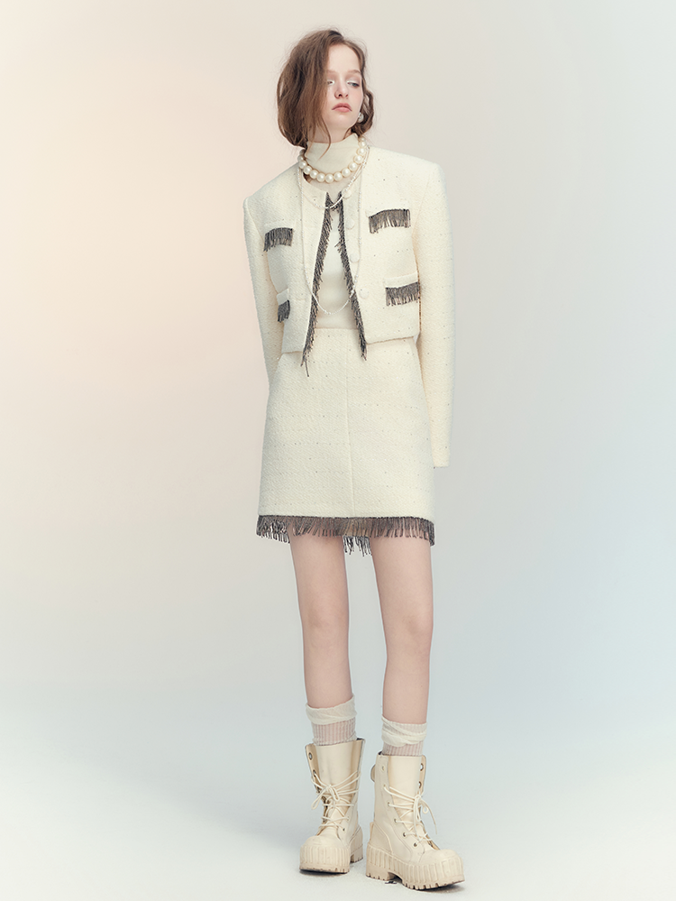 Suit Tassel Wool No-Collar Chic Classy Jacket＆Mini-Skirt