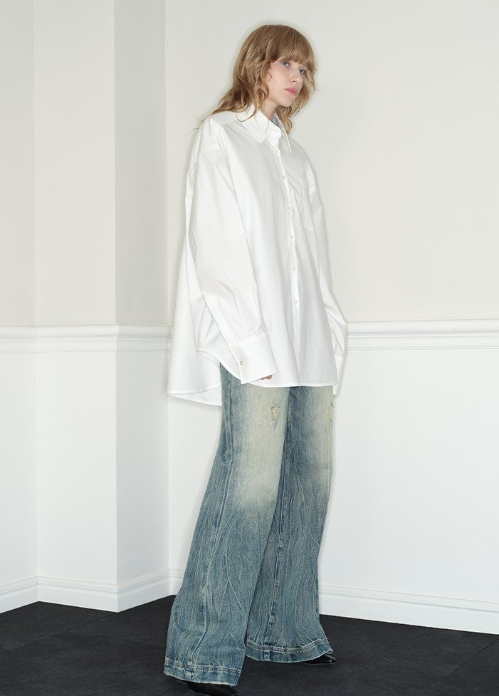 Low-waisted Loose Straight Ripped Blue Jeans RUN0035