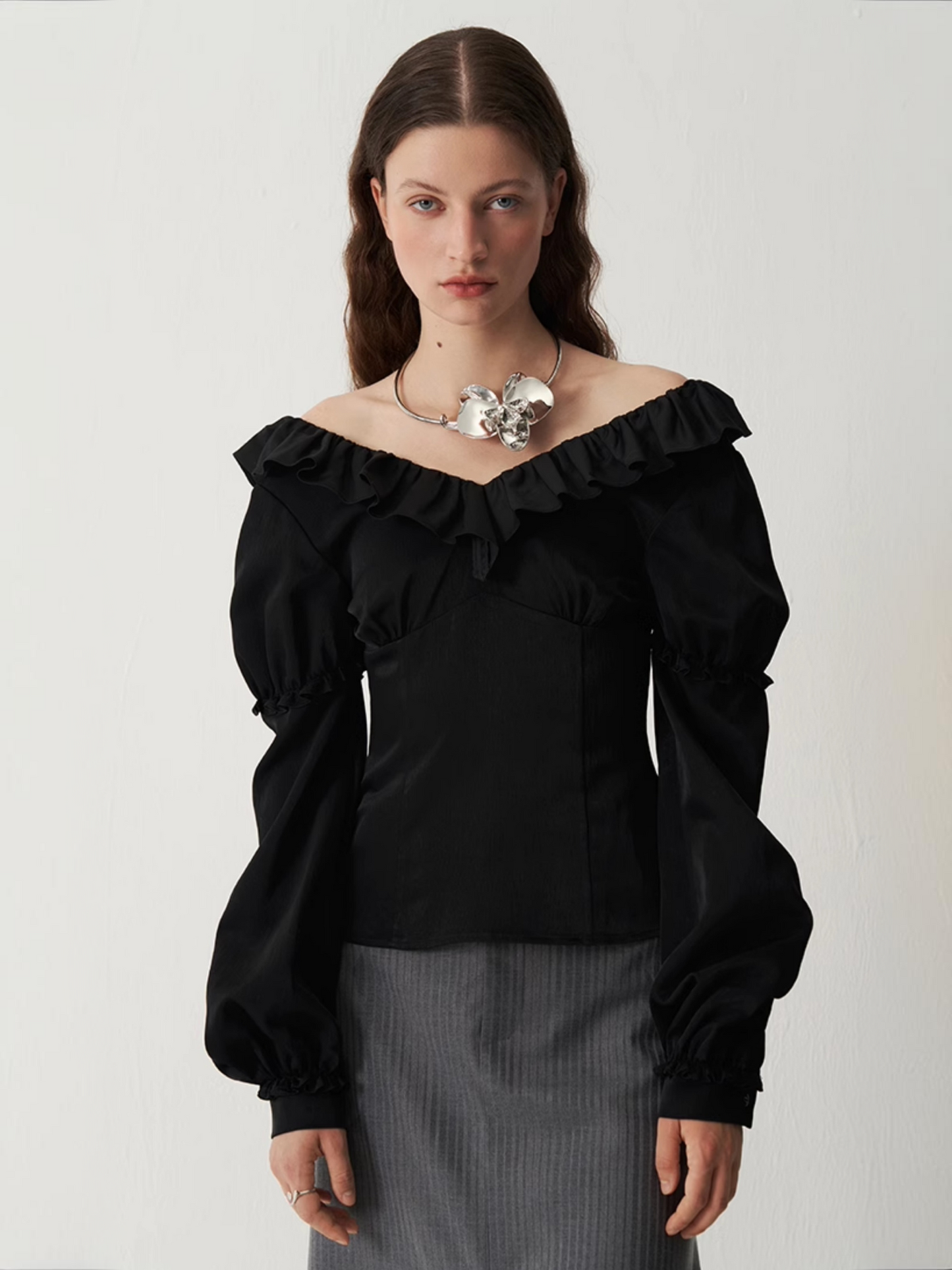 Satin Ruffle V-Neck Lantern Sleeve Blouse