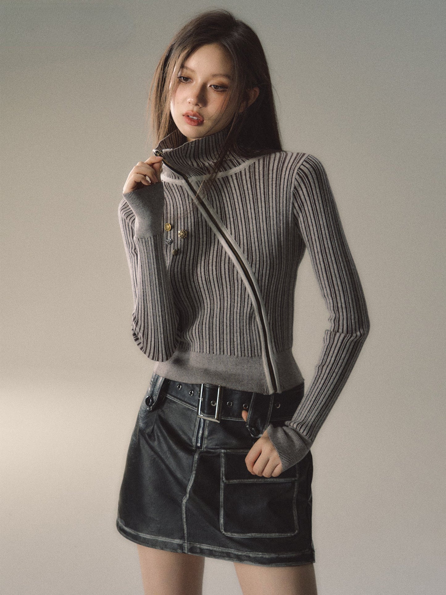 Mocha & Red Zipper Striped Turtleneck