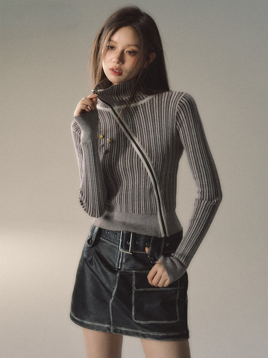 Mocha & Red Zipper Striped Turtleneck