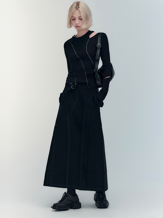 가죽스티치 쿨 하이엔드 롱스커트 