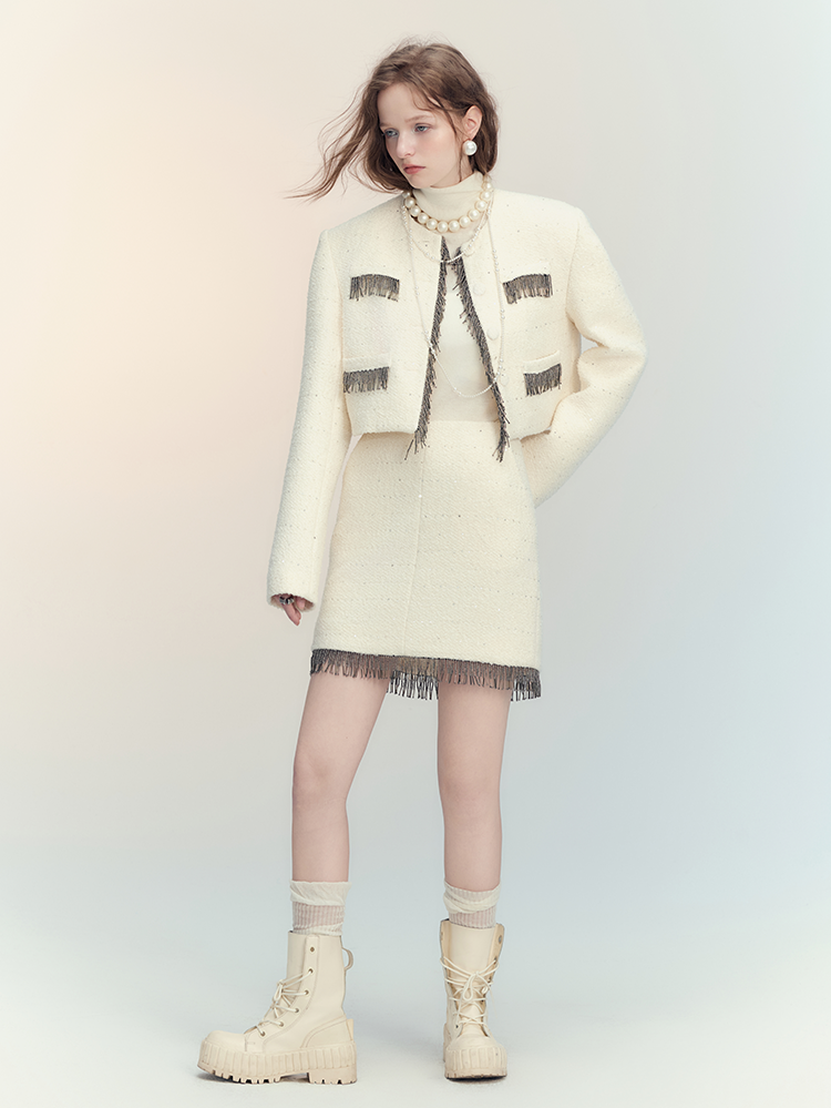 Suit Tassel Wool No-Collar Chic Classy Jacket＆Mini-Skirt