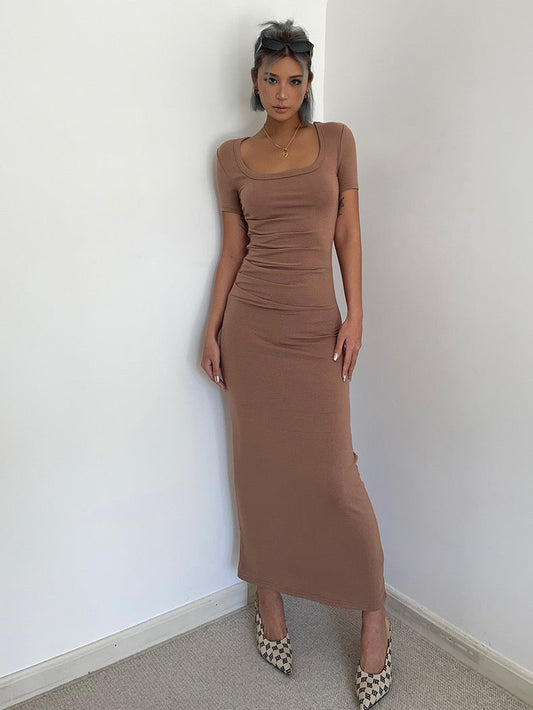 Short Sleeve Fitted Maxi Dress in Rust Brown