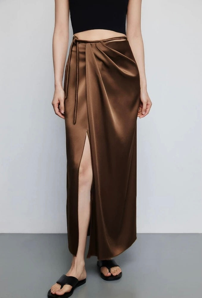 Satin Wrap Slit Maxi Skirt in Brown