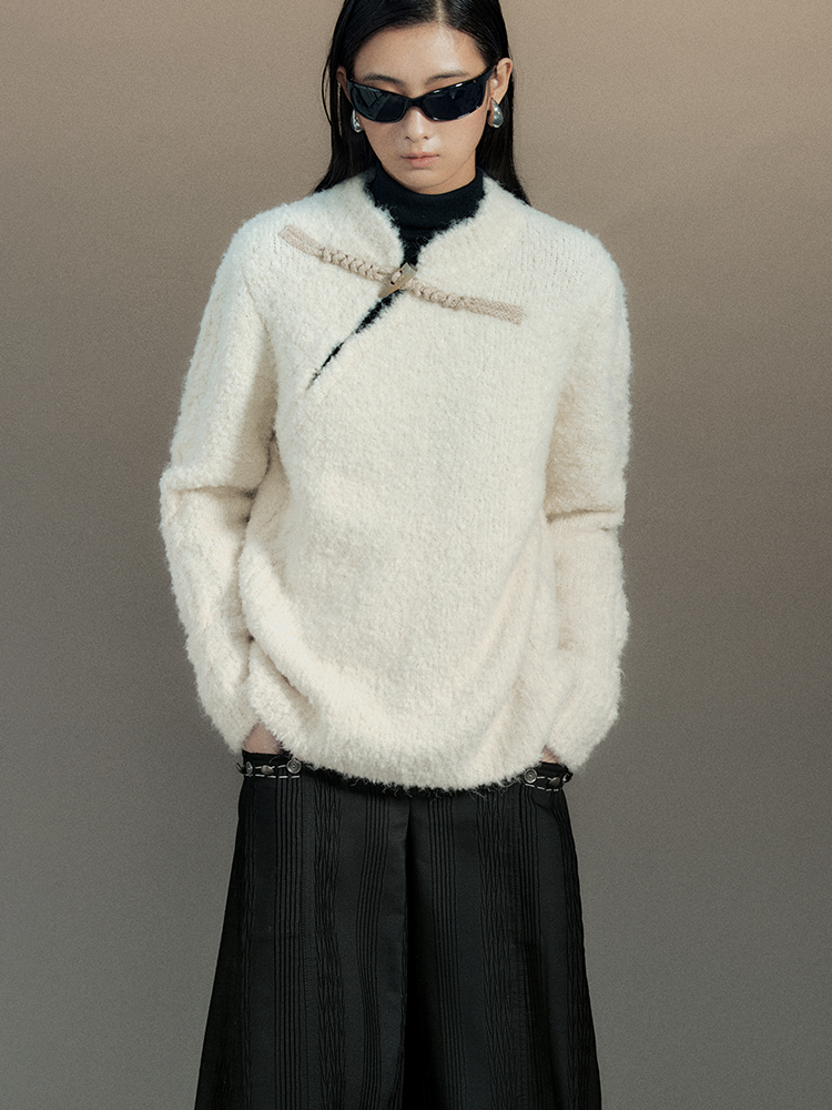 Toggle-Button Mao-Collar Nichi Chic Mohair-Knit