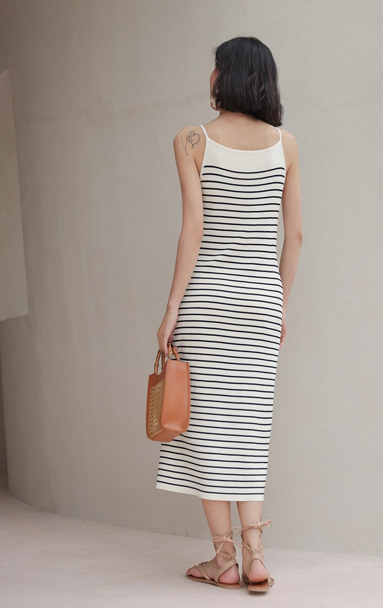 Striped Camisole Stretch Dress in White