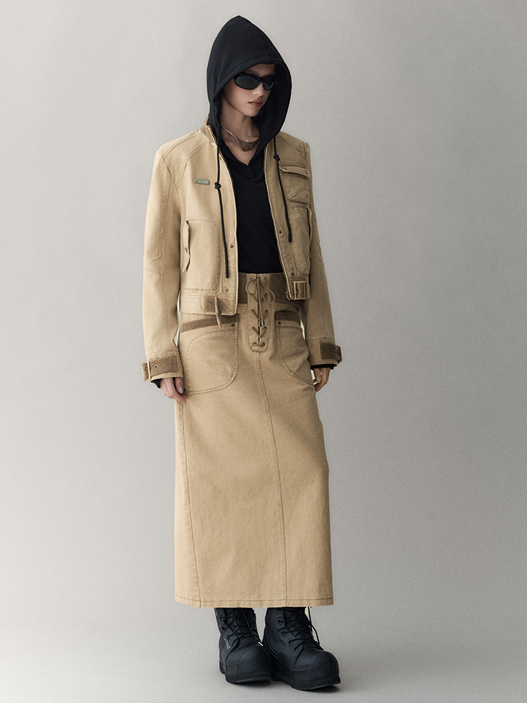 레이스업 빈티지 펜슬 레트로 타이트 롱스커트