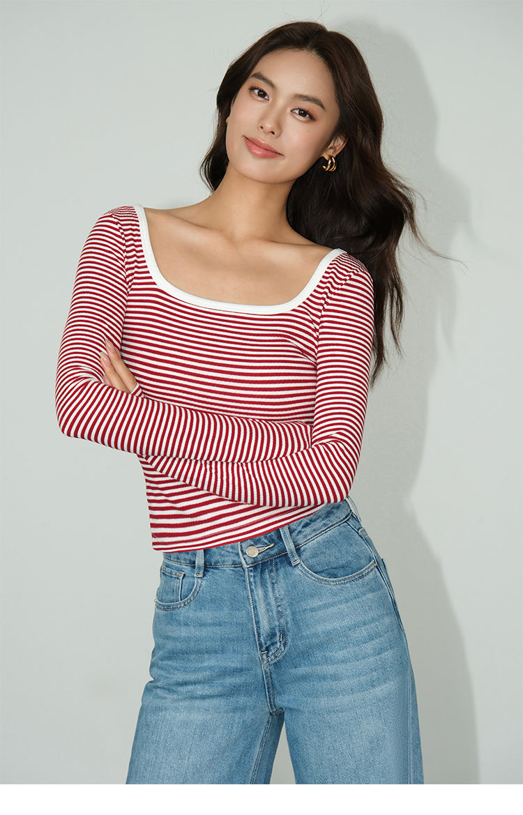 Neva Square Neck Striped Long Sleeve T-Shirt