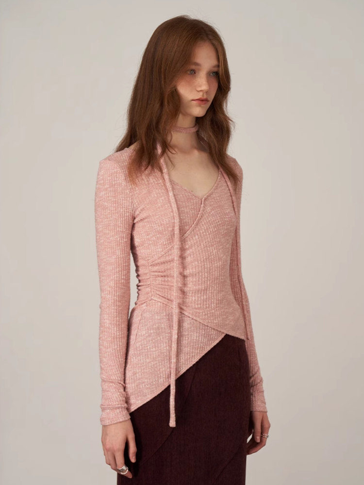 Peach Pink Textured Knit Top with Pleated Ribbons