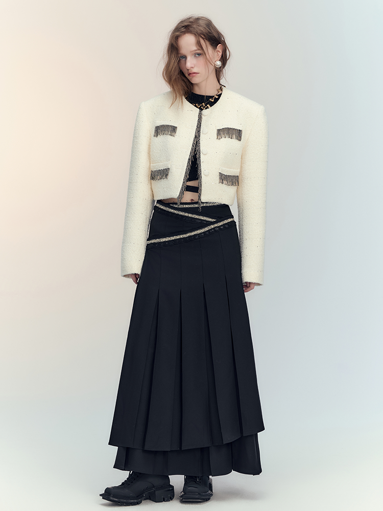 Suit Tassel Wool No-Collar Chic Classy Jacket＆Mini-Skirt