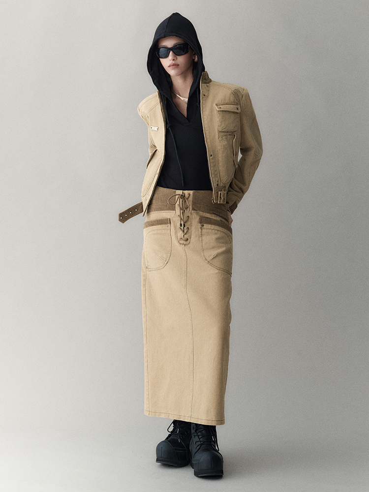 레이스업 빈티지 펜슬 레트로 타이트 롱스커트