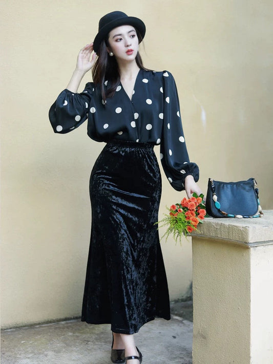 Polka Dot Blouson Sleeve Blouse in Black