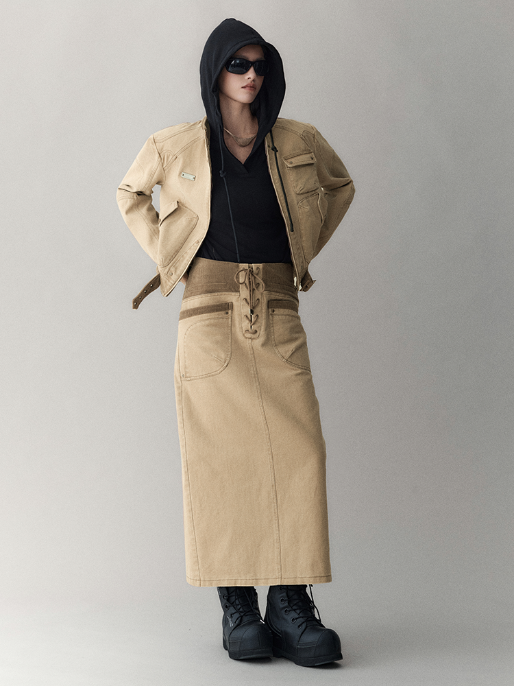 레이스업 빈티지 펜슬 레트로 타이트 롱스커트