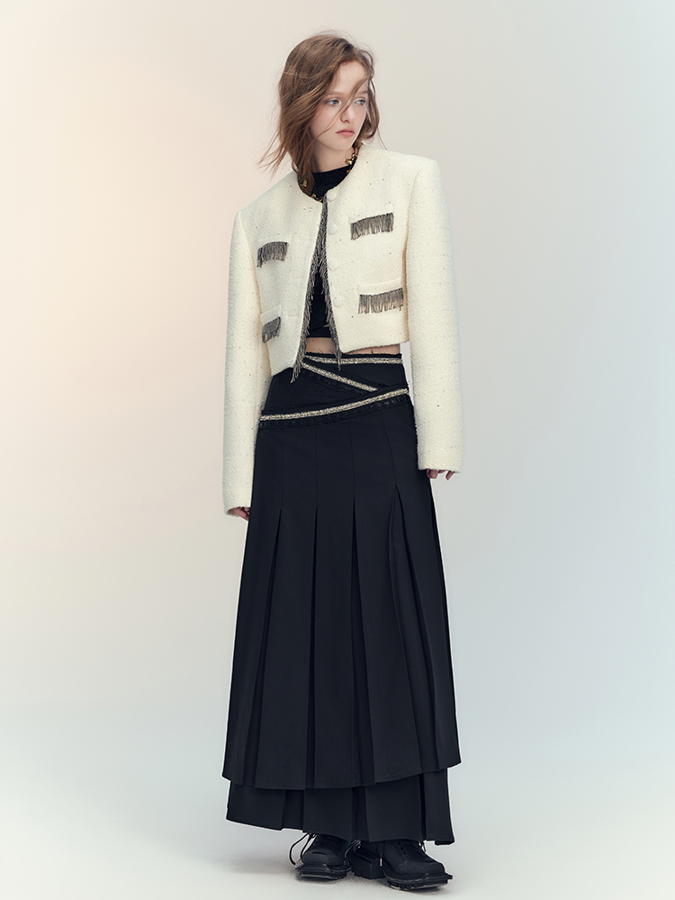 Suit Tassel Wool No-Collar Chic Classy Jacket＆Mini-Skirt