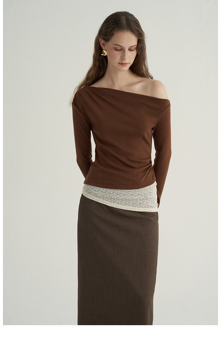 Asymmetrical Lace-Trim Knit Top with Draped Cowl Neck