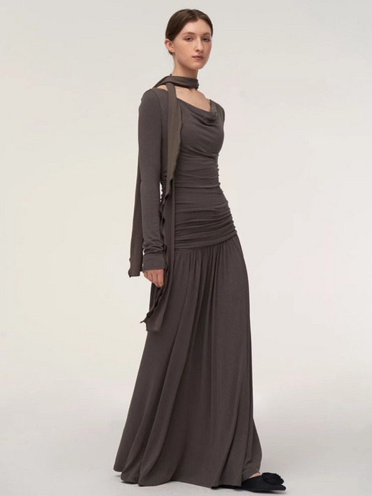 Soft Draped Cowl Neck Ruched Halter Maxi Dress