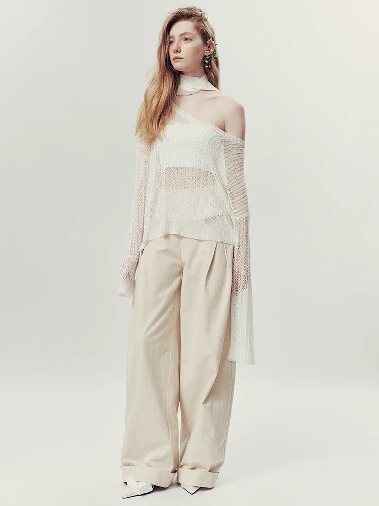 Sheer Oversize V-Neck Loose Long-Sleeve Summer-Knit