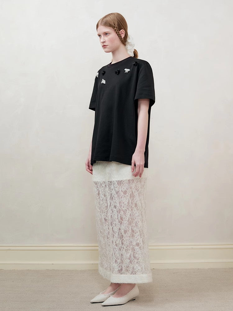 레이스 H라인 쉬어플라워 자수 여성스러운 롱스커트 