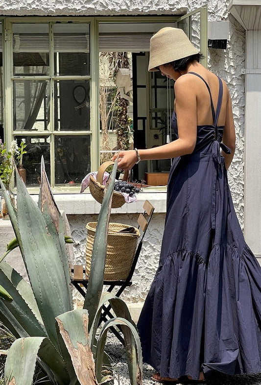 Tencel Blend Criss Cross Back Tie Maxi Dress in Navy