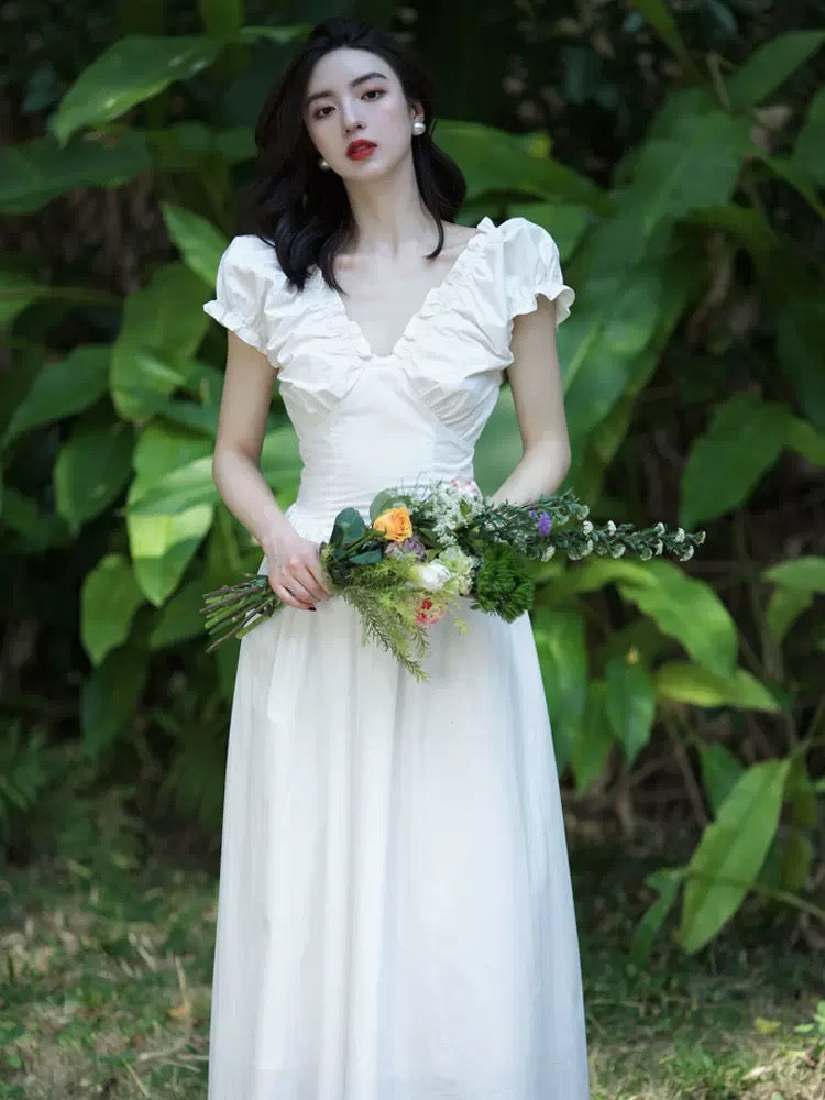 Puff Sleeve Pocket Maxi Dress in White