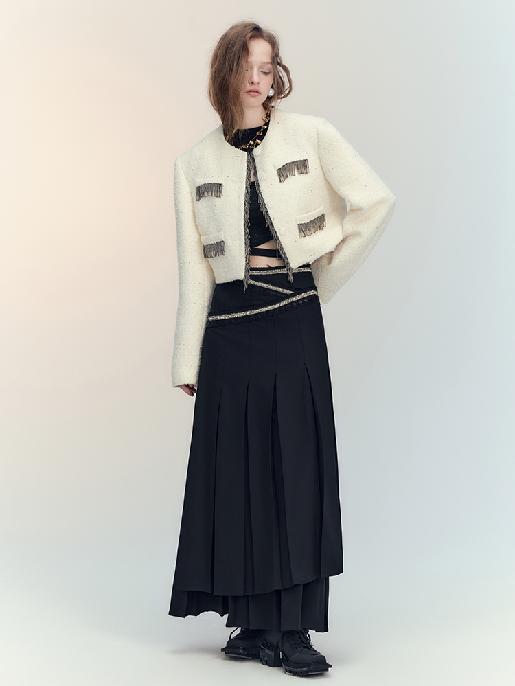 Suit Tassel Wool No-Collar Chic Classy Jacket＆Mini-Skirt