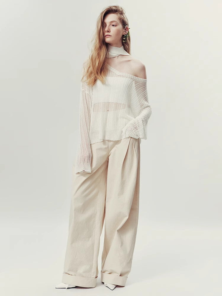 Sheer Oversize V-Neck Loose Long-Sleeve Summer-Knit