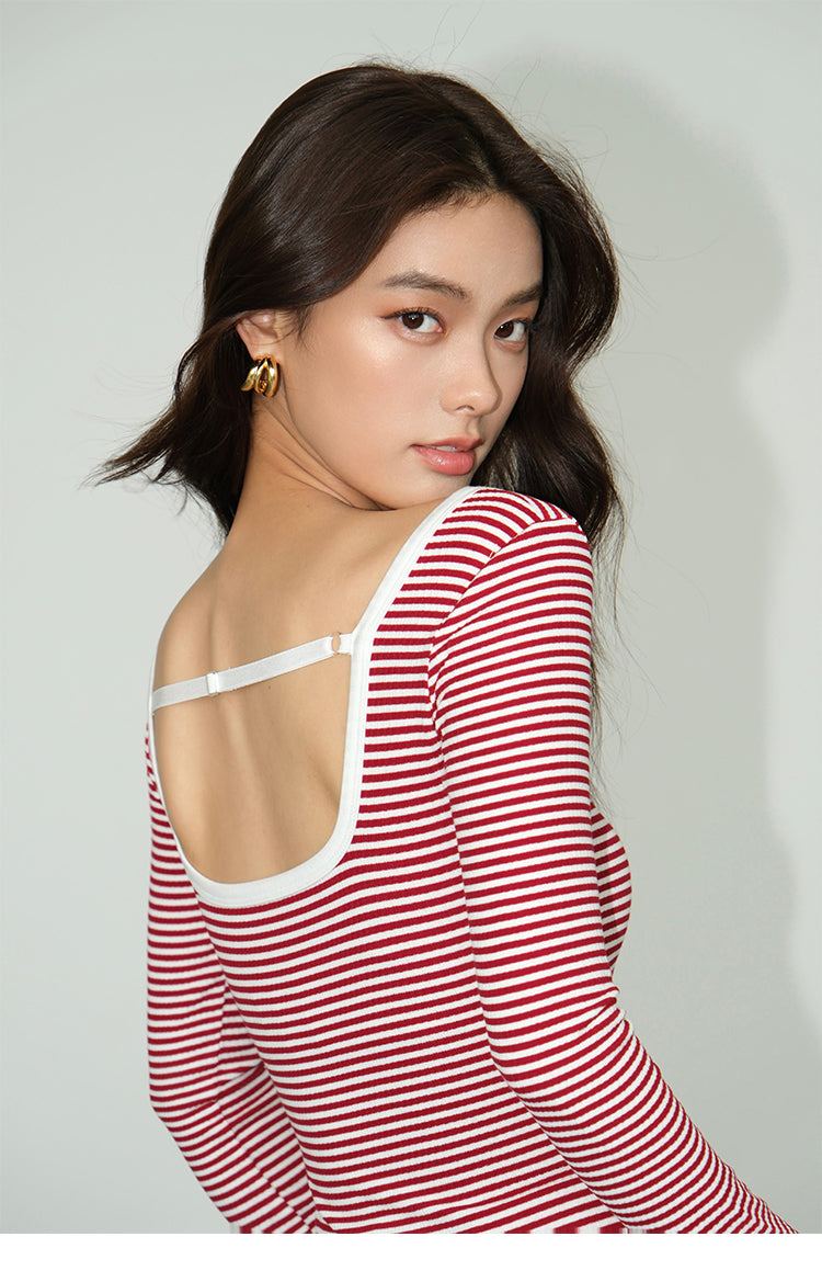 Neva Square Neck Striped Long Sleeve T-Shirt