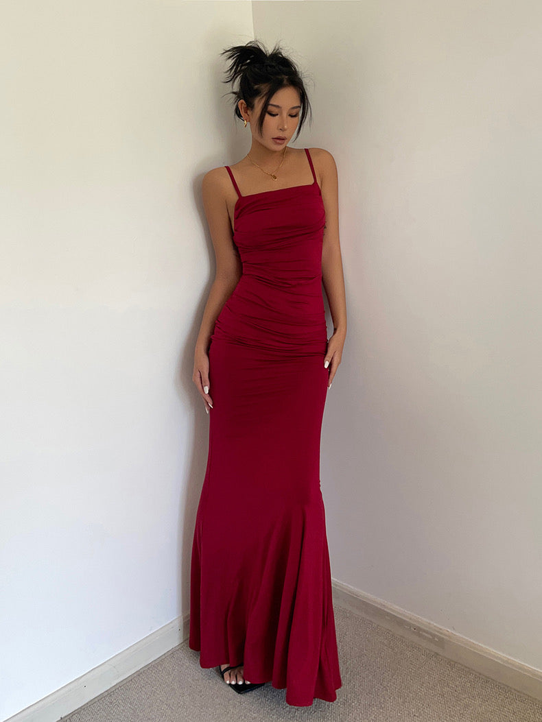 Shirring Cami Maxi Dress in Red