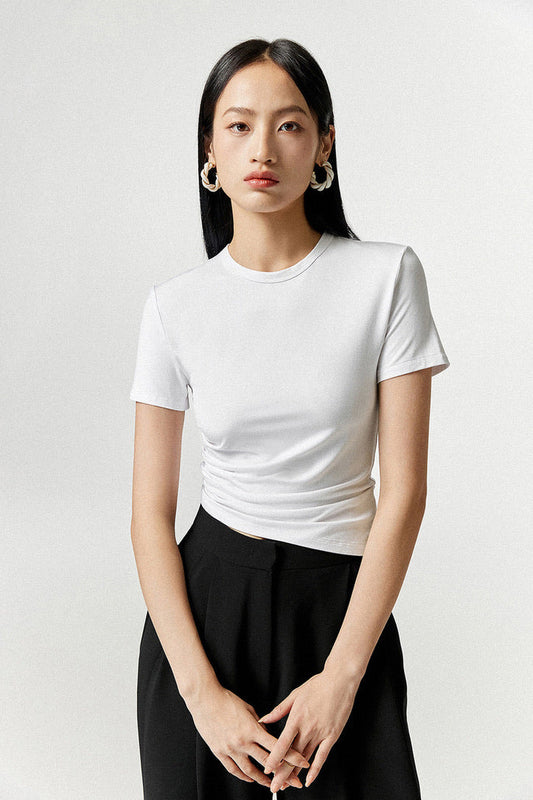 Side Gather Asymmetric Hem Tee in White