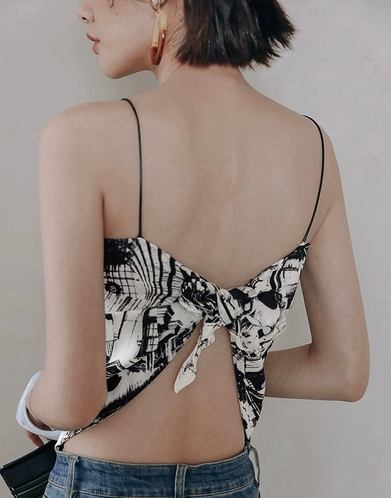 Printed Scarf Tie Camisole Top in White/Black