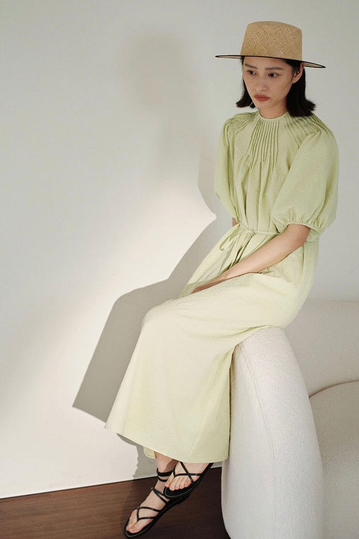 2-Way Seersucker Puff Sleeve Maxi Dress in Lime