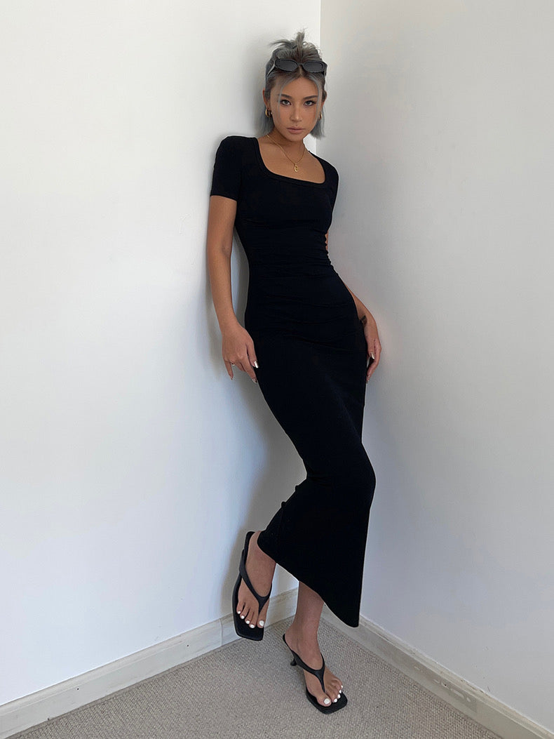 Short Sleeve Fitted Maxi Dress in Black