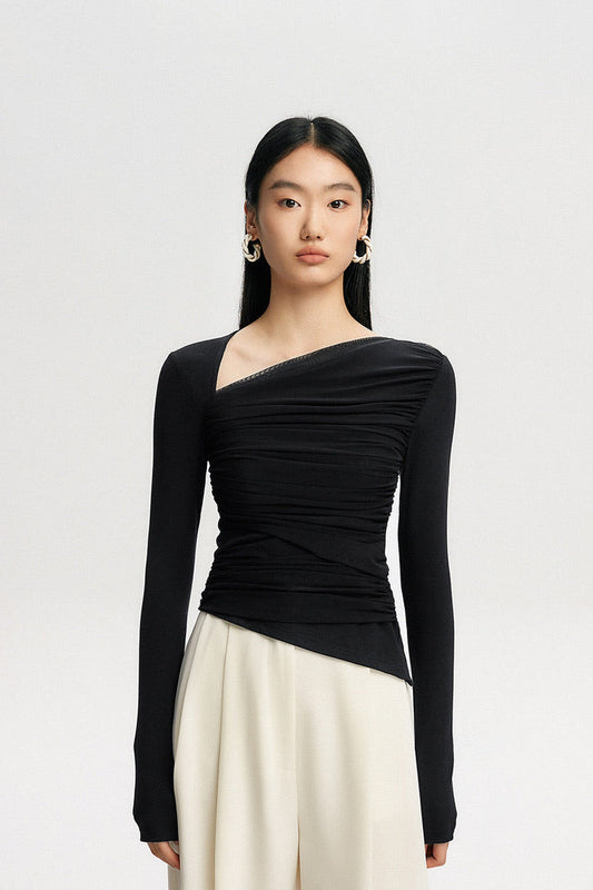 Asymmetric Neckline Tulle Shirring Top in Black