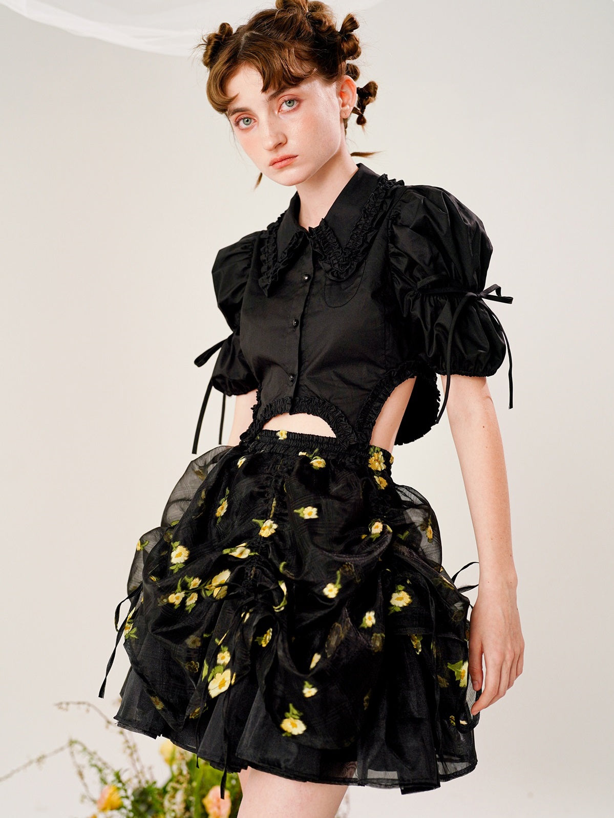 Tutu Floral Drawstring Irregular Puff Skirt