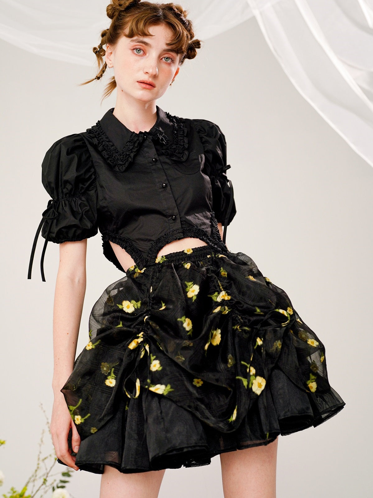 Tutu Floral Drawstring Irregular Puff Skirt